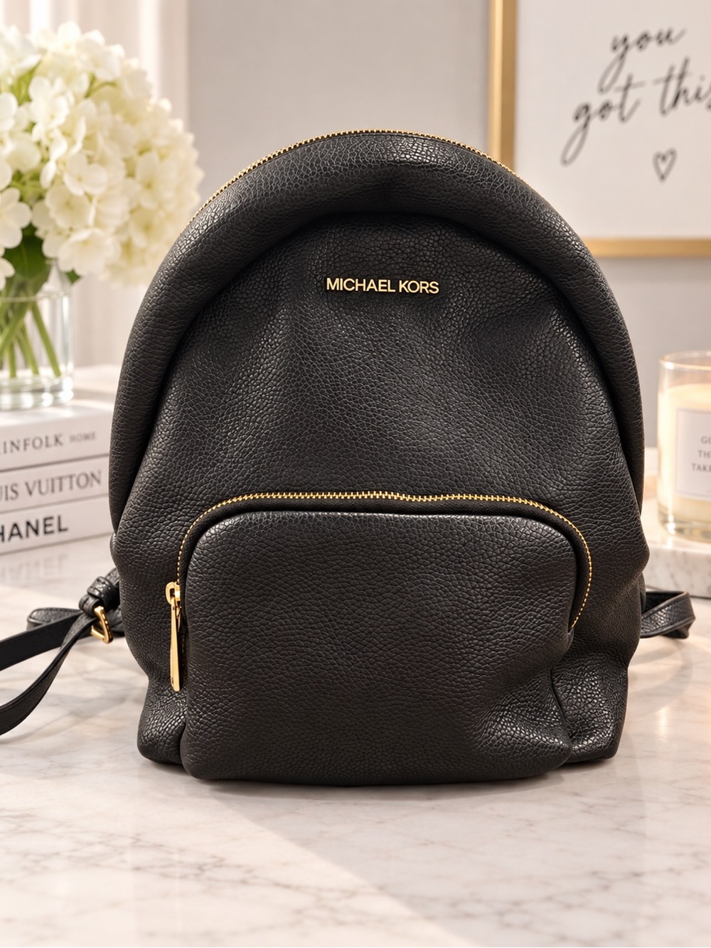 Michael Kors Black Pebbled Leather Mini Backpack with Gold Hardware